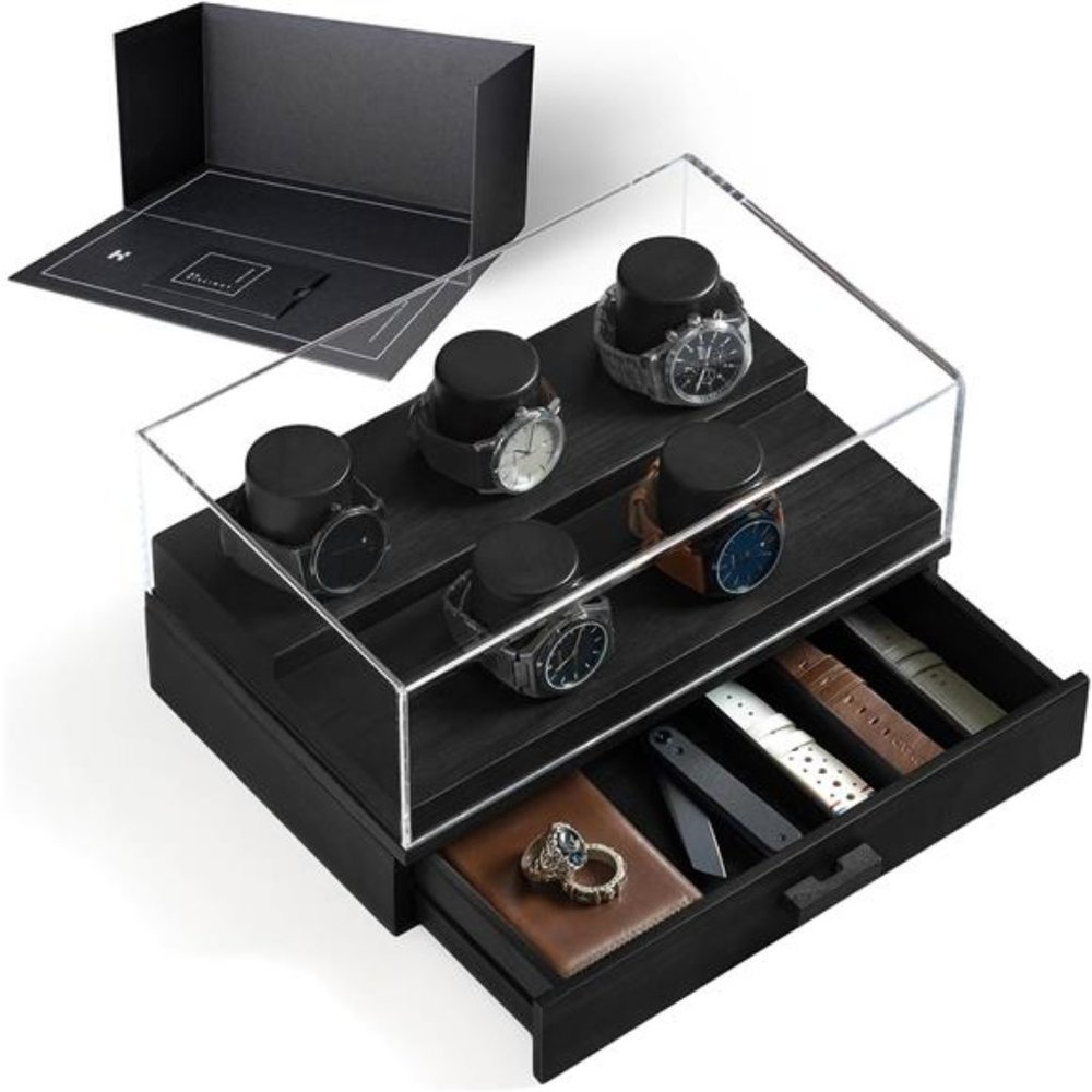 Watch Box Organizer for Men - 5 Pillar Watch Holder with Acrylic Cover, Black